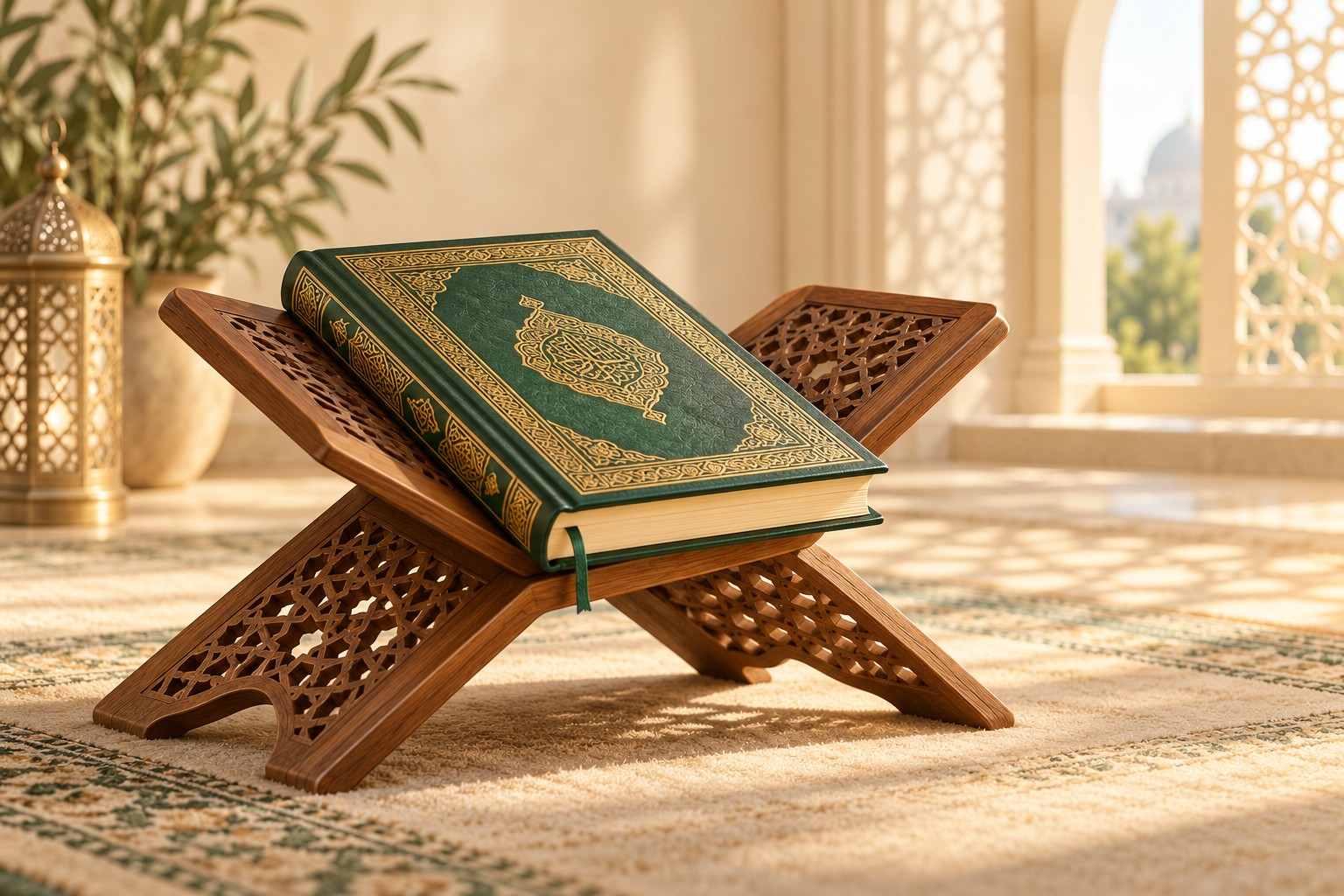Illustration of a green and gold Qur’an resting on a carved wooden book stand